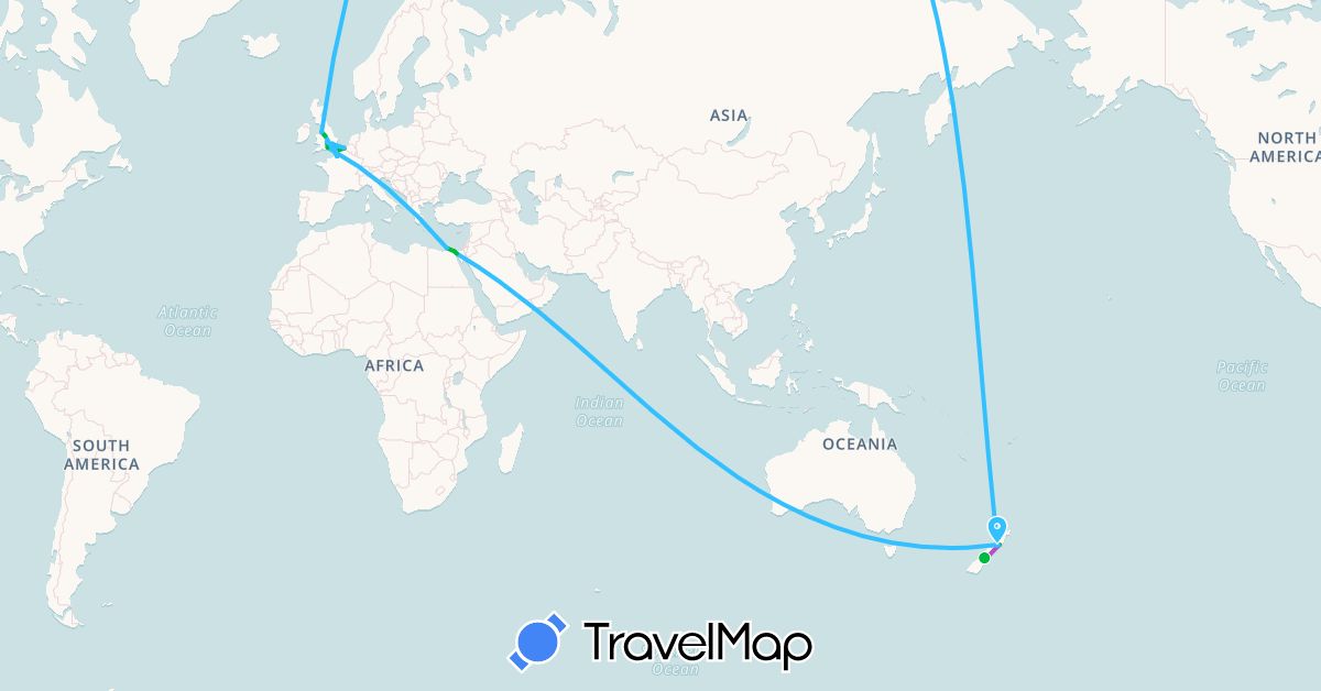 TravelMap itinerary: driving, bus, train, boat in Belgium, Egypt, France, United Kingdom, New Zealand (Africa, Europe, Oceania)